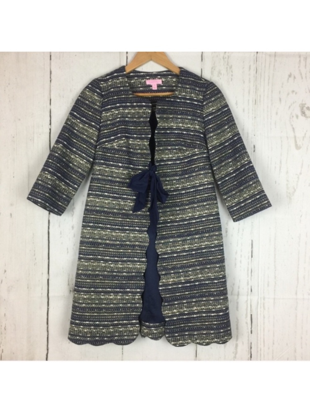 Lilly Pulitzer Navy, Gray & Gold Striped Tweed Coatigan with Scallop Edge